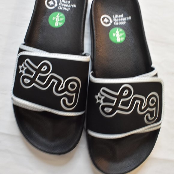 LRG Lifted Research Group Mens Slides Sandal Shoes Black/White Cursive New 8 - Picture 1 of 7